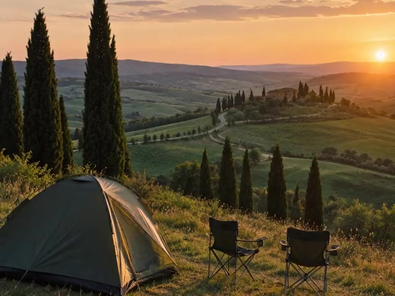 Tenda e due sedie su una collina con cipressi al tramonto