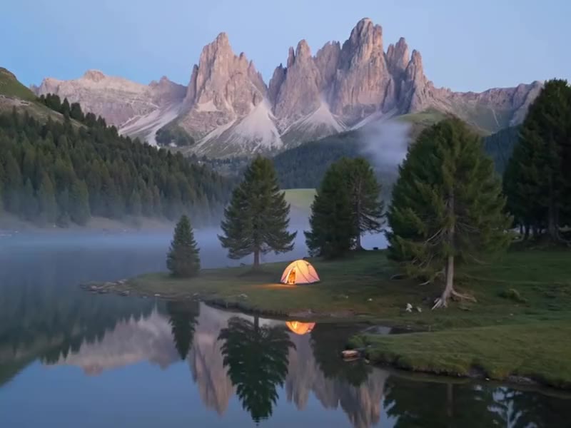 Tenda sulla riva di un lago alpino all’alba, con le montagne riflesse
