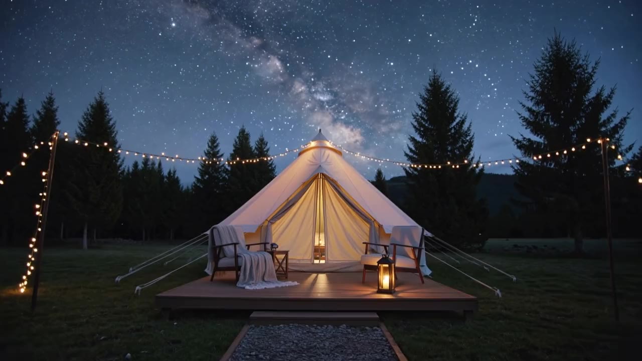 Tenda glamping illuminata di notte in una pineta