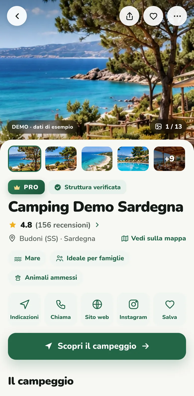 La scheda Pro di esempio: galleria foto, badge Pro e Struttura verificata, recensioni, contatti e Scopri il campeggio