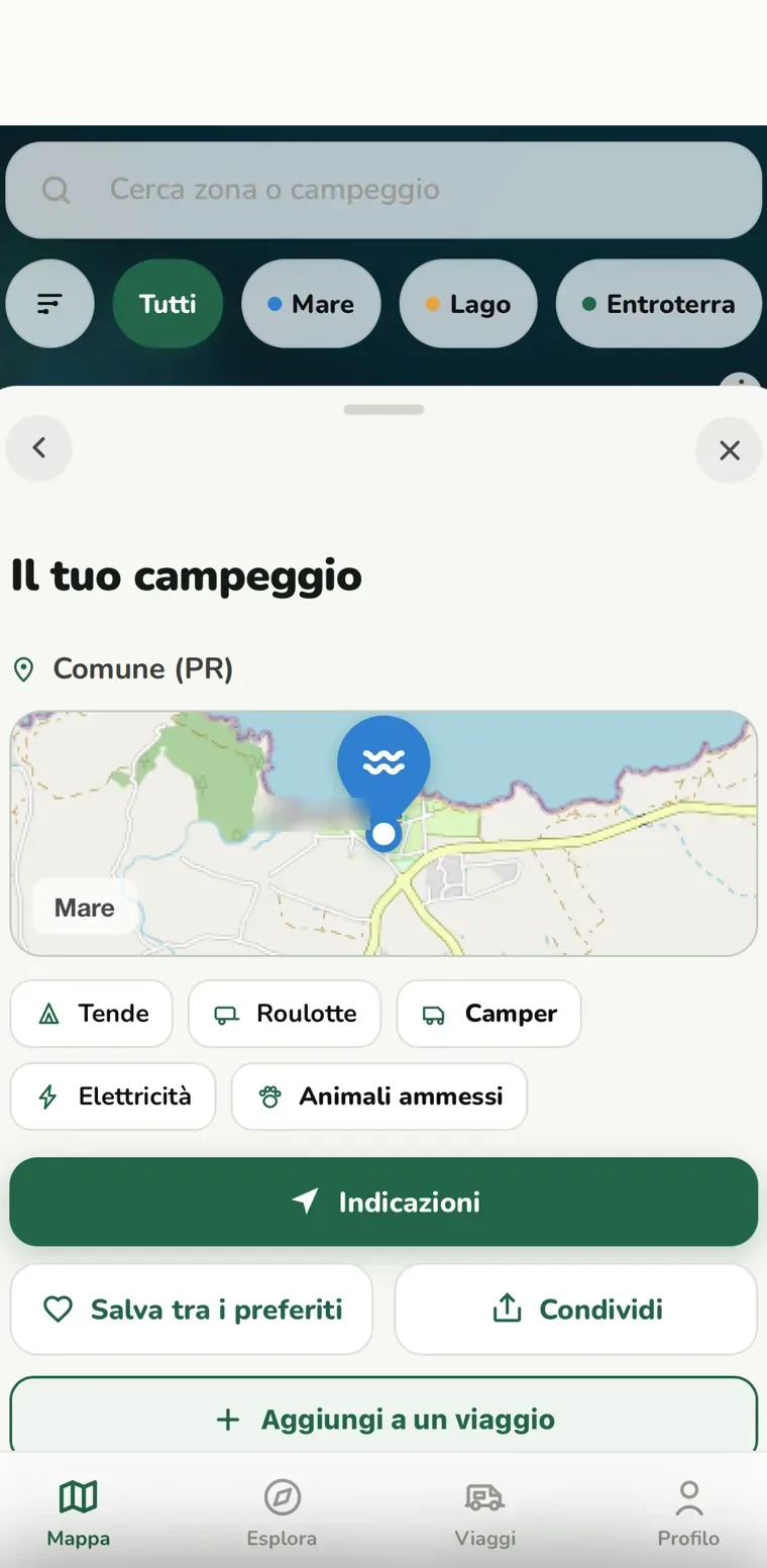 La scheda base di oggi: nome, comune, mappa, servizi da OpenStreetMap e il pulsante Indicazioni